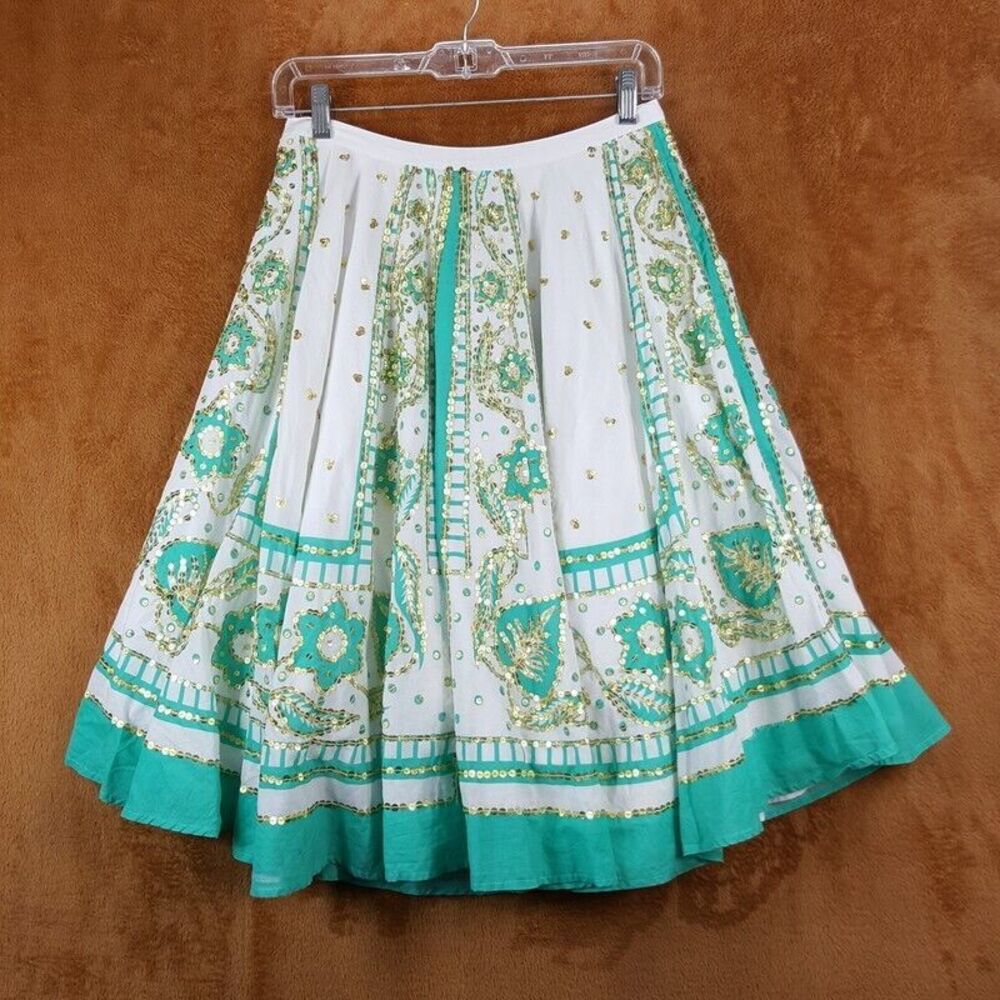 MILLY Skirt Womens Petite P Green Midi Boho Pleated Peasant White Gold Lined